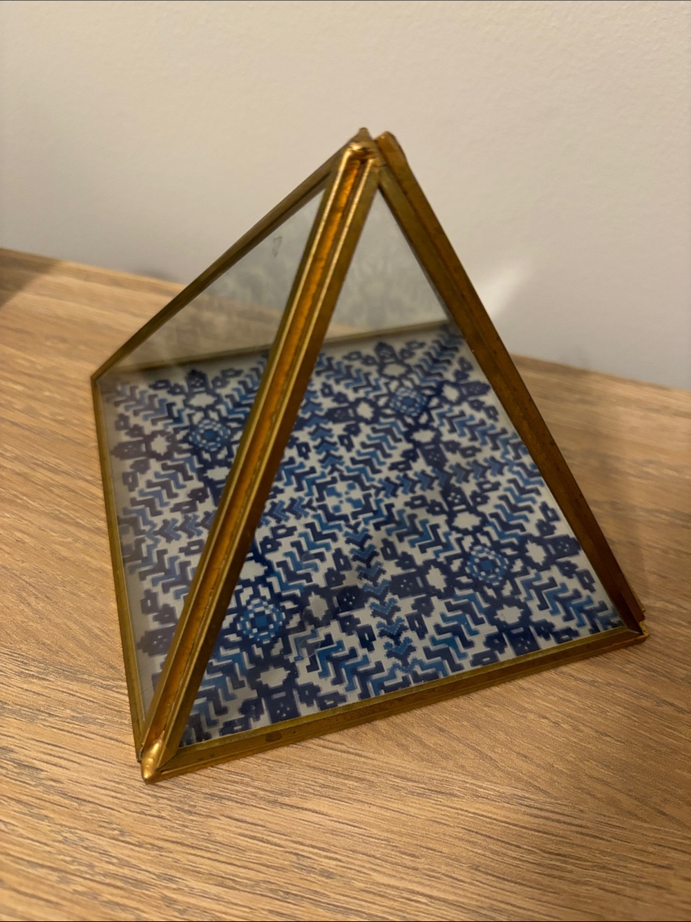 Urban Outfitters Brass Glass Pyramid Display Box with Blue Patterned Base